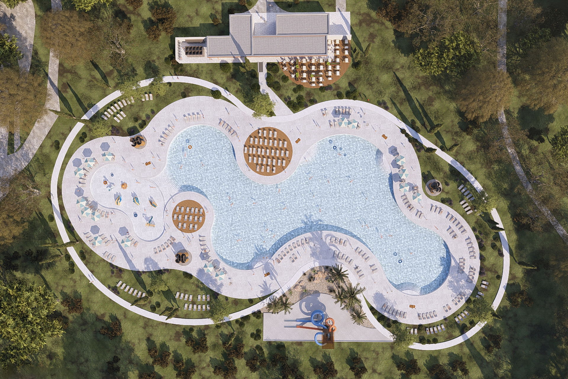 Luftaufnahme des neu gestalteten Schwimmbadkomplexes im Zaton Holiday Resort, das 2025 eröffnet wird. Luftaufnahme des neu gestalteten Schwimmbadkomplexes im Zaton Holiday Resort, das 2025 eröffnet wird.